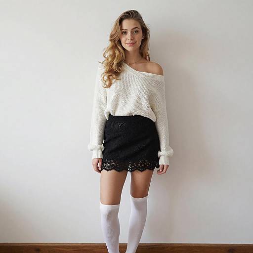 Photograph of a young woman with wavy blonde hair, wearing an off-shoulder white knit sweater, black lace mini-skirt, and white