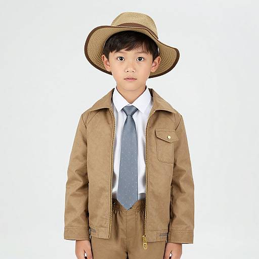 Photograph of a young Asian boy in a tan safari outfit, blue tie, white shirt, and straw hat, standing against a white background.