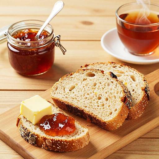 Sliced Bread with Butter, Jam, and Tea