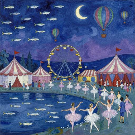 Whimsical Seaside Carnival with Ballerinas and Flying Fish
