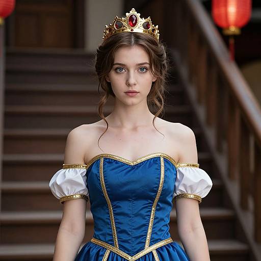 Photograph of a young woman with fair skin, blue eyes, and brown hair, wearing a gold crown, blue off-shoulder dress with white