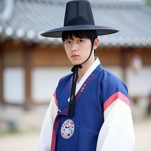 Photograph of a young Asian man in traditional Korean attire, wearing a black hat and navy blue hanbok with white and red sleeves, standing in