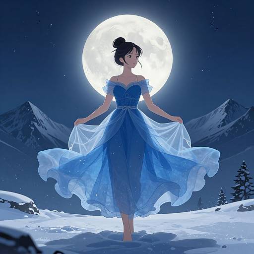 Anime Woman in Moonlit Snowy Mountains