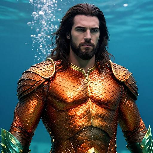 Photorealistic CGI of a muscular, bearded man with long brown hair, wearing shimmering golden fish-scale armor, underwater with bubbles.