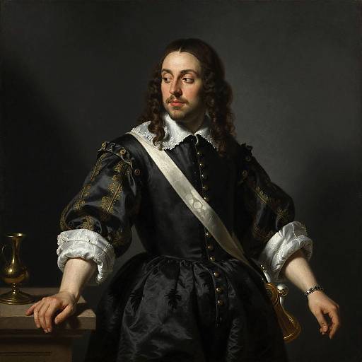 Photograph-style painting of a long-haired, bearded man in an elaborate black Renaissance outfit with white lace, standing against a dark background, with a