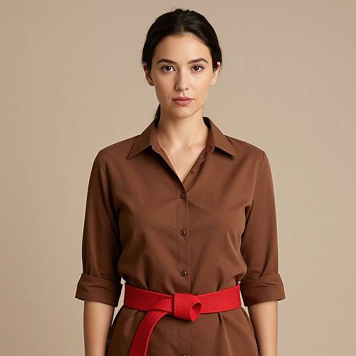 Photograph of a young woman with fair skin and dark hair in a brown button-up shirt, belted with a vivid red belt, standing against a