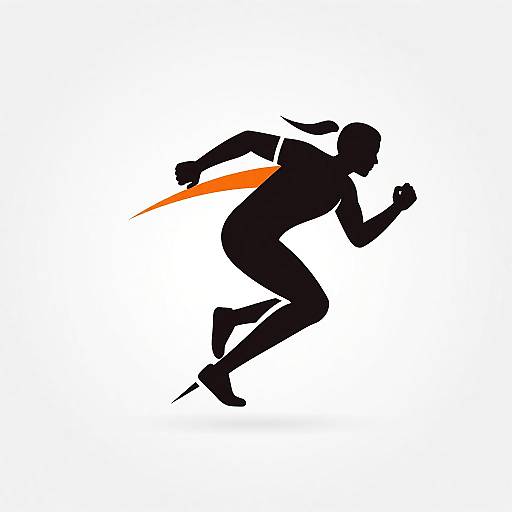 Silhouette of a runner with an orange trail, captured mid-stride, wearing a short-sleeve shirt and pants, against a white background.