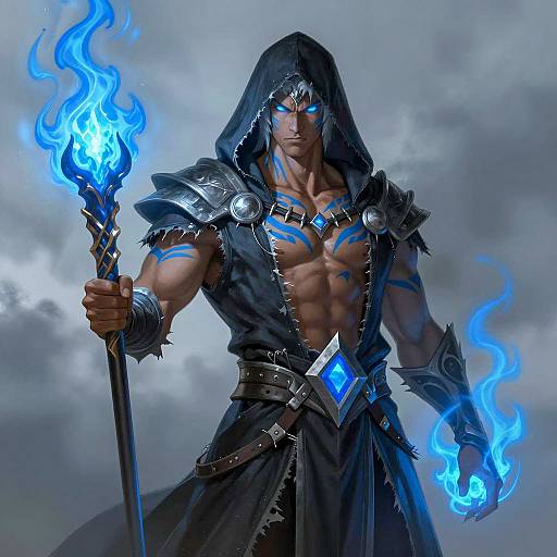 Muscular Dark Mage with Blue Flames