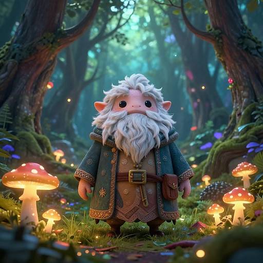 CGI fantasy forest scene with a cute, chubby, white-bearded, elf-like character in a detailed, blue-green coat, surrounded by glowing mushrooms