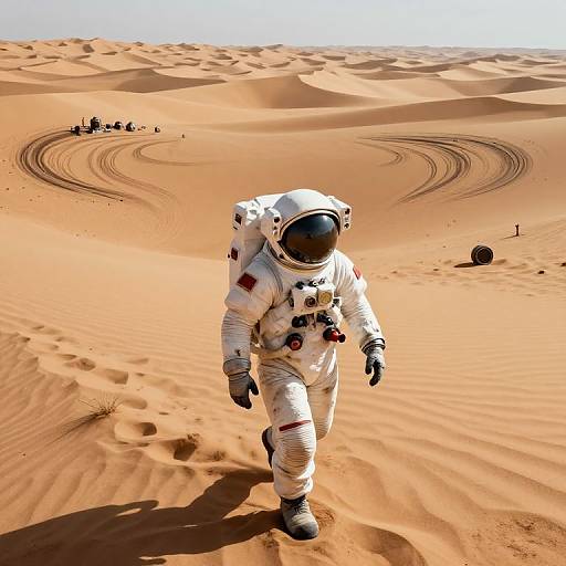 Photograph of an astronaut in a white spacesuit walking on a sunlit, sandy desert with footprints and dunes in the background.