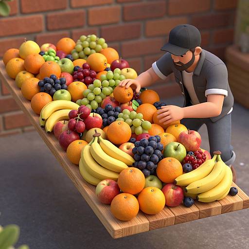3D digital art: bearded man in black cap and shirt organizes colorful fruit (oranges, bananas, apples, grapes, cherries)