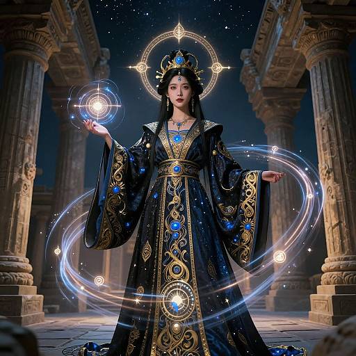 Digital art of an Asian woman in an ornate black and gold robe, holding glowing blue orbs, standing in a stone colonnade. She wears