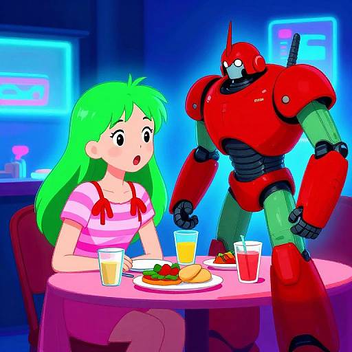 Digital anime-style illustration of a green-haired girl with pink-striped shirt, surprised expression, sitting at table with robot, colorful drinks, and meal, in