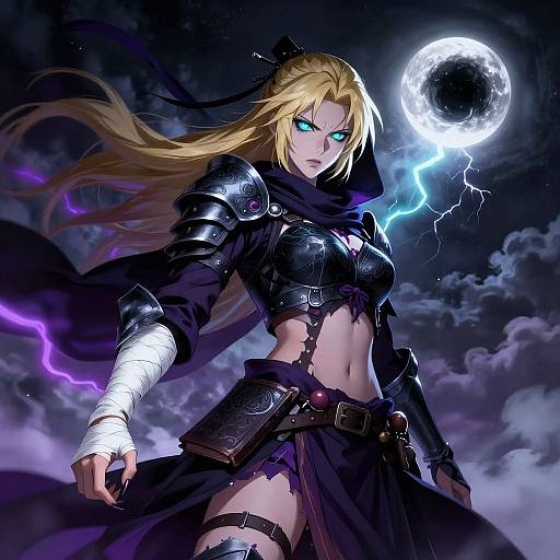 Digital artwork of a fierce blonde warrior with glowing blue eyes, black armor, and a torn purple skirt, wielding electricity near a glowing moon in a storm