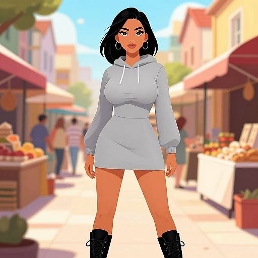 Digital illustration of a curvy woman with dark hair, large breasts, wearing a light gray hoodie dress and black boots, standing in a sunny, colorful