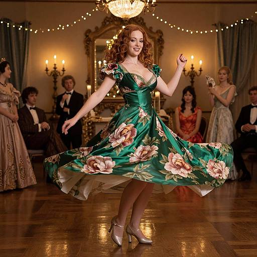 Photograph of a smiling red-haired woman in a green floral dress, twirling in a warmly lit, elegant ballroom with string lights and chandelier