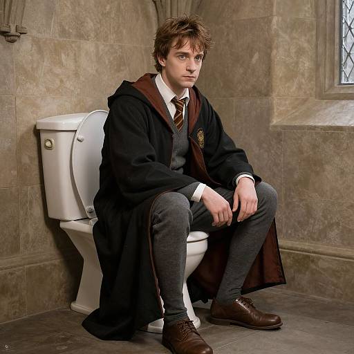 Photograph of a young man with messy brown hair, wearing a Hogwarts robe, sitting on a toilet in a stone-walled bathroom.