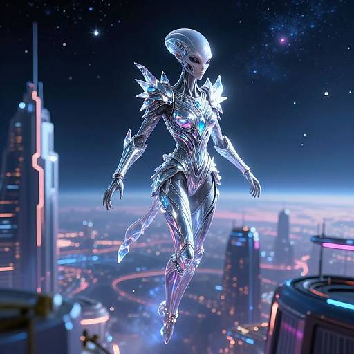 Cybernetic alien woman with glowing blue accents and futuristic armor floats above a neon-lit, starry cityscape in a CGI image.