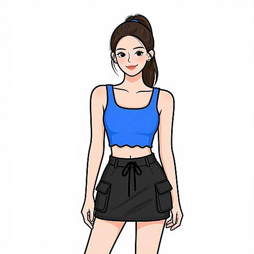 Digital drawing of a smiling young woman with fair skin, brown hair in a ponytail, wearing a blue crop top and black shorts, standing against a