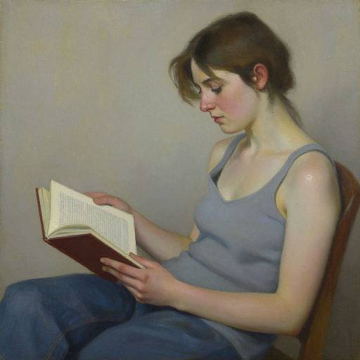 Realistic oil painting of a fair-skinned woman with brown hair, wearing a gray tank top and blue jeans, reading a book while seated on a