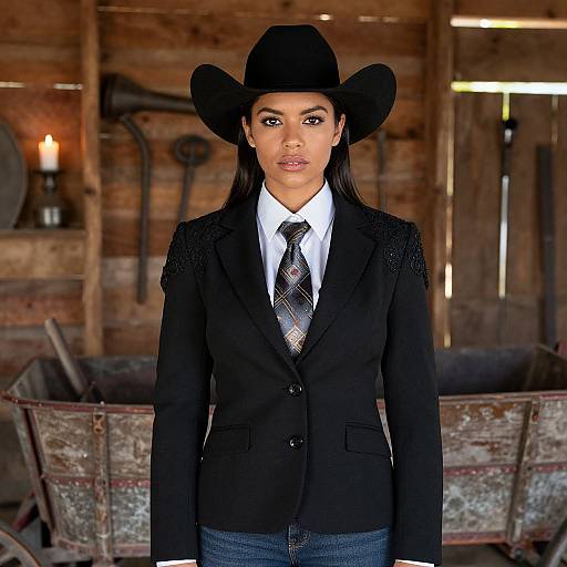 Photograph of a confident South Asian woman in a black cowboy hat, blazer, white shirt, patterned tie, and jeans, standing in a