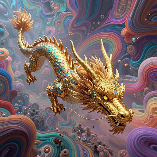 Digital art of a golden, dragon with blue scales and intricate patterns, flying amidst vibrant, swirling rainbow-colored clouds and bubbles.