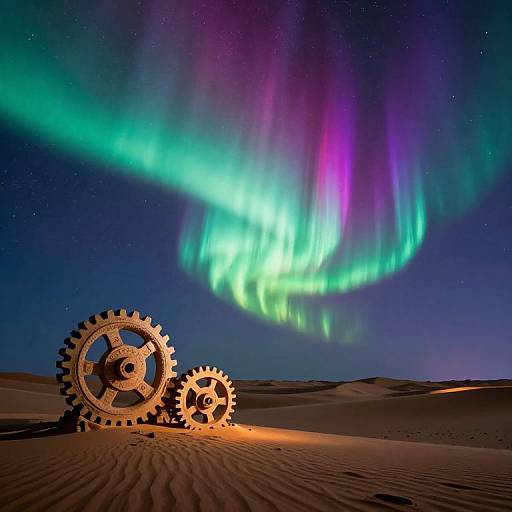 Photograph of two large gears in a desert at night, illuminated by vibrant green and purple auroras in the starry sky above.