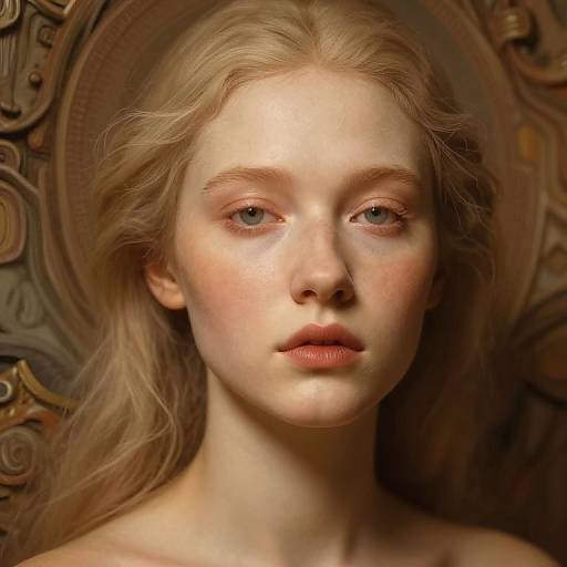 Digital portrait of a fair-skinned, blonde woman with delicate features and soft blue eyes, set against an ornate, golden background.