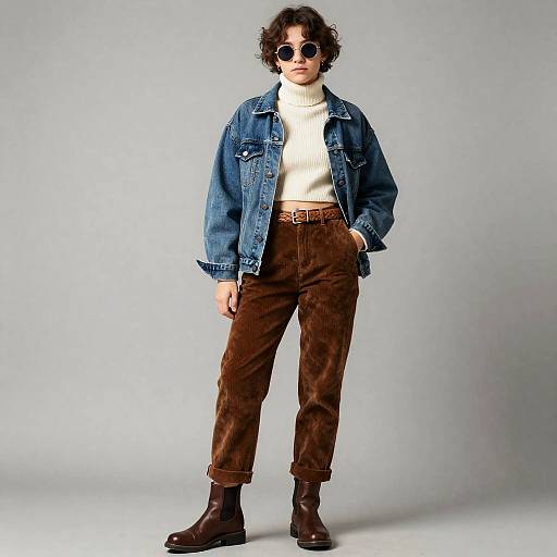 Non-binary Teen in Brown Corduroy Pants and Denim Jacket