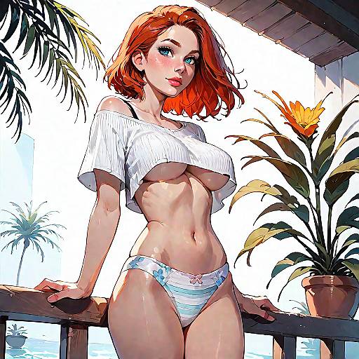 Redhead Woman in Crop Top and Floral Bikini Bottoms on Balcony