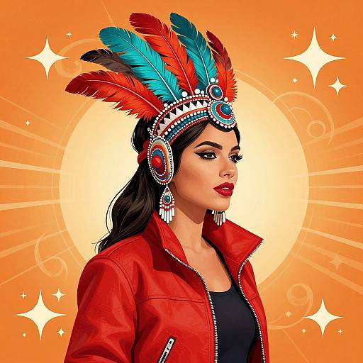 Digital illustration of a Latina woman with red leather jacket, turquoise and red feather headdress, black top, orange background with sunburst.