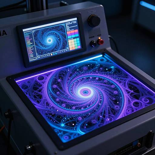 Photograph of a futuristic, glowing, blue and purple holographic display on a control panel with colorful digital interface and illuminated buttons.