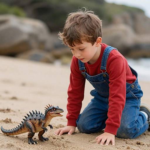 Curious Boy Playing with Dinosaur Toy on Beach