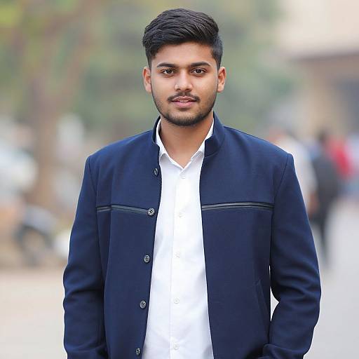 Photograph of a young South Asian man with short, dark hair and a trimmed beard, wearing a navy jacket over a white shirt, standing outdoors with