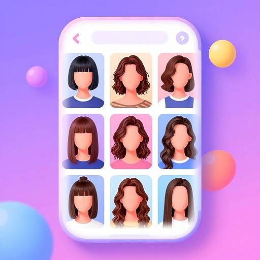 Digital illustration of a grid with nine faceless, stylized female portraits in various hairstyles, set against a pink-purple gradient background with floating bubbles.
