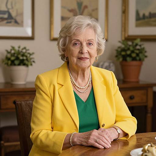 Photograph of an elderly white woman with short gray hair, wearing a yellow blazer, green top, pearl necklace, and bracelet, seated at a