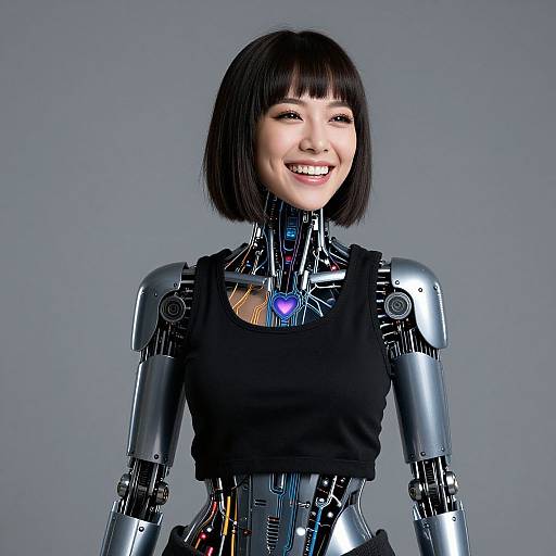 Photorealistic CGI of a smiling Asian woman with a black bob, wearing a black sleeveless top, as a fully robotic humanoid.