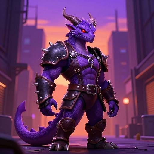 CGI fantasy dragon warrior with purple scales, red eyes, and black spiked armor stands in a neon-lit urban alley at sunset.