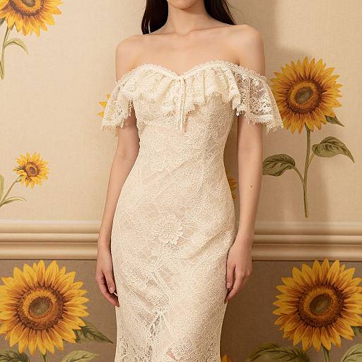 Photograph of a woman in an off-shoulder, lace, cream-colored wedding dress, standing against a wall adorned with large, yellow sunflowers