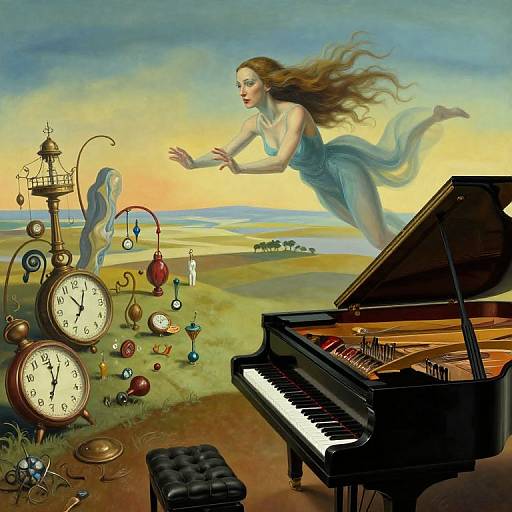 Fantasy painting of a floating woman in a blue dress, reaching towards a grand piano, surrounded by clocks, bells, and a sunset landscape.