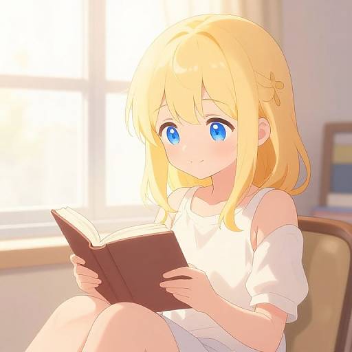 Anime-style digital illustration of a blonde girl with blue eyes, wearing a white off-shoulder top, reading a book in bright sunlight.