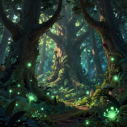 Enchanted forest scene: luminous green fireflies illuminate towering, moss-covered trees with dense ferns. Sunlight filters through leaves, creating a