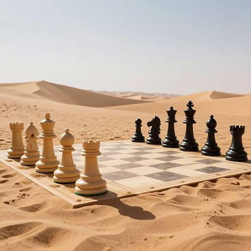 Photograph of a chessboard with white and black pieces set in a sunlit desert landscape, with sand dunes in the background.