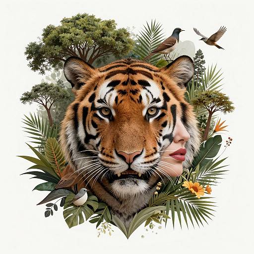 Surreal Woman Tiger Nature Fusion