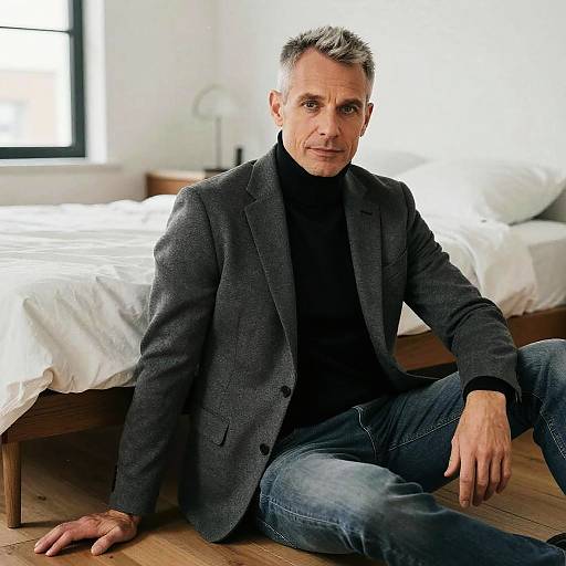 Confident middle-aged man sitting on floor in stylish loft