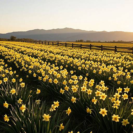 Photograph of a vast field of bright yellow daffodils at sunset, with a wooden fence and distant blue mountains under a glowing sky.
