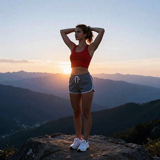 Silhouetted Woman on Mountain Sunset