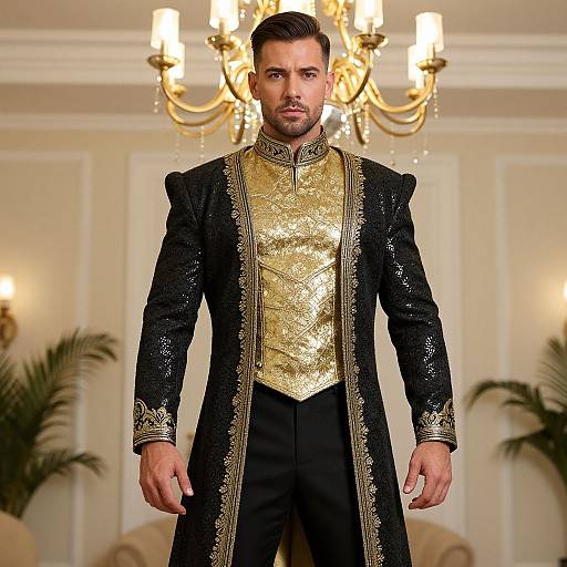 Photograph of a handsome man with short brown hair and beard, wearing a black sequined jacket with gold embroidery over a gold embroidered shirt, standing in