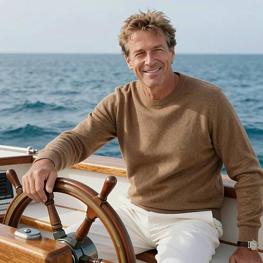 Smiling Man at the Boat's Wheel