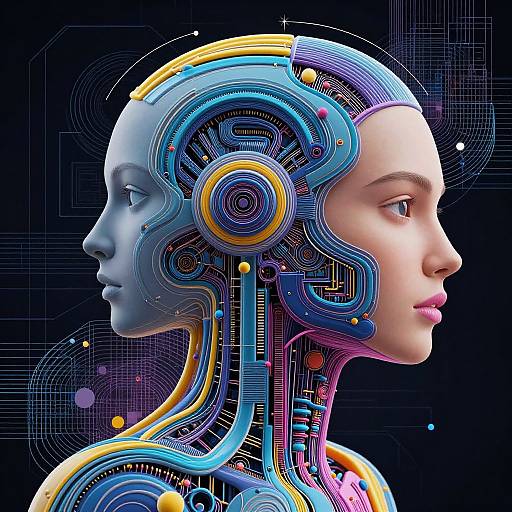 Digital art of a futuristic, cybernetic human head with vibrant blue, yellow, and pink circuitry patterns against a black background.